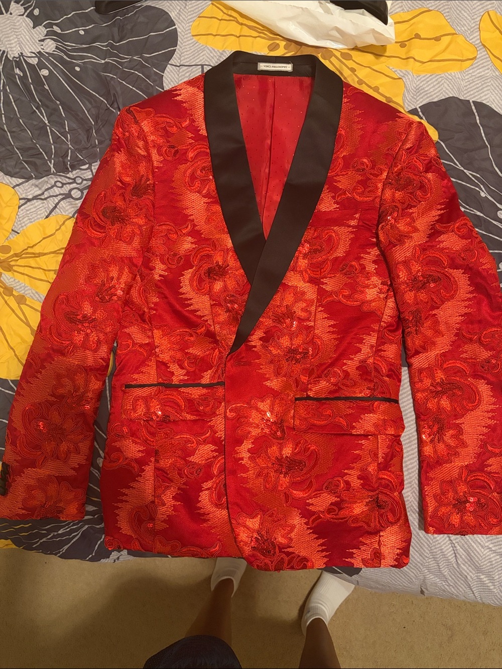 Red Floral Jacquard Shawl Collar Blazer